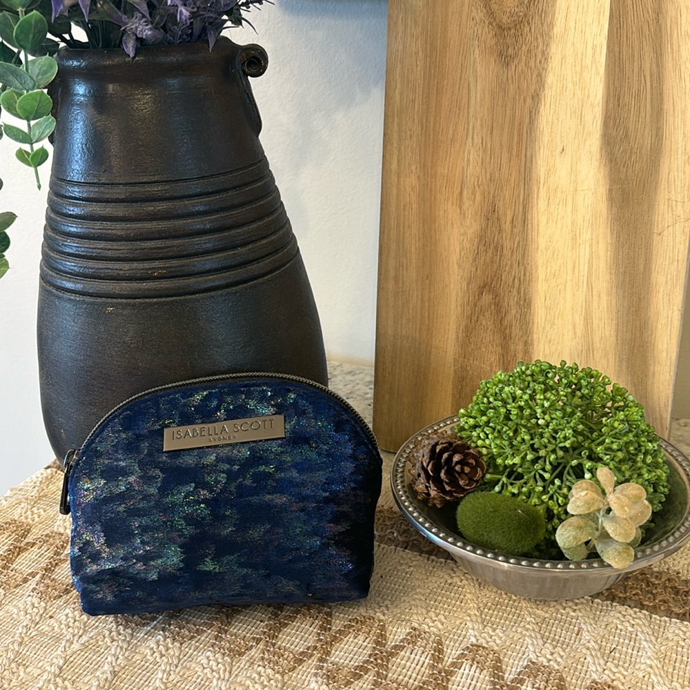 Isabella Scott Sydney small navy blue velvet zip pouch. Like new!